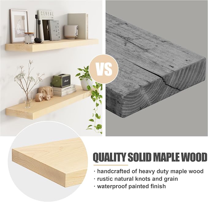 FLYJOE Floating Shelves for Wall, USA-Sourced Maple Wood 55 Inch Long Wall Shelves, Natural Wooden Mounted Picture Ledge Shelf, Nursery Book Storage Shelf Kids Bookshelf, Display Shelf for Bathroom