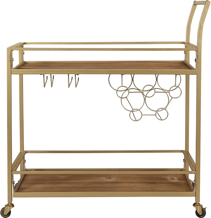 FirsTime & Co. Gold and Brown Francesca Bar Cart, 2 Tier Mobile Mini Bar, Kitchen Serving Cart and Coffee Station with Storage for Wine and Glasses, Metal and Wood, Modern