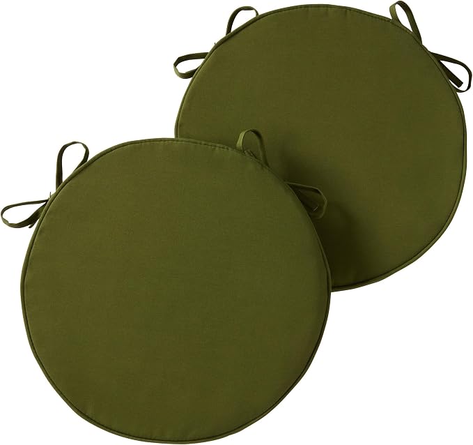 Set of 2 Outdoor 18 inch Round Patio Dining Chair Pads – Comfortable Fiber-Filled Seat Cushions with Ties, Reversible Polyester Fabric, Hunter Green