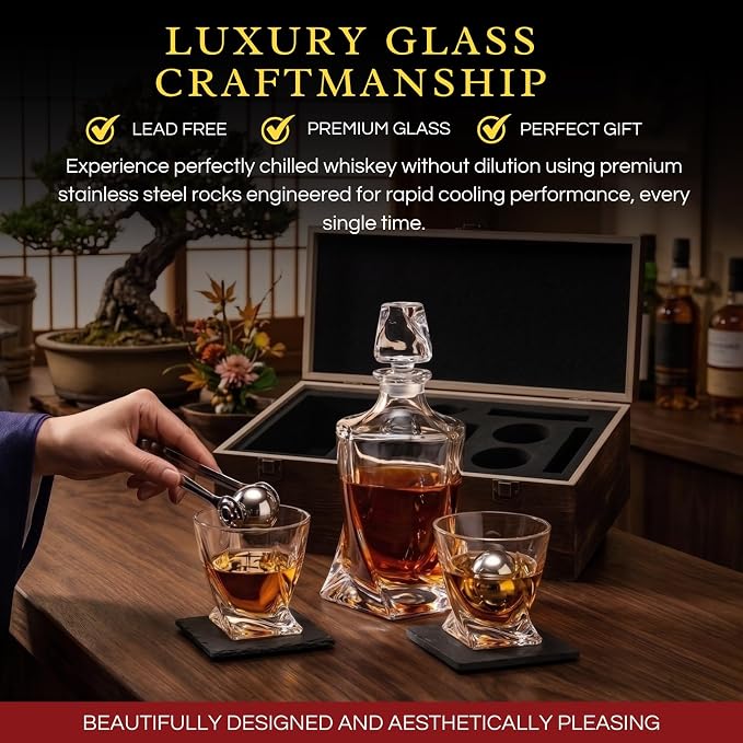 Ember Japanese Crystal Whisky Decanter Set in Wood Storage Box, 4 Tumbler Rocks Glasses & Freezer Chillers - Sake, Scotch, Vodka, Elegant Birthday & Birth Day Barware Gifts, Japan Designed Gifts