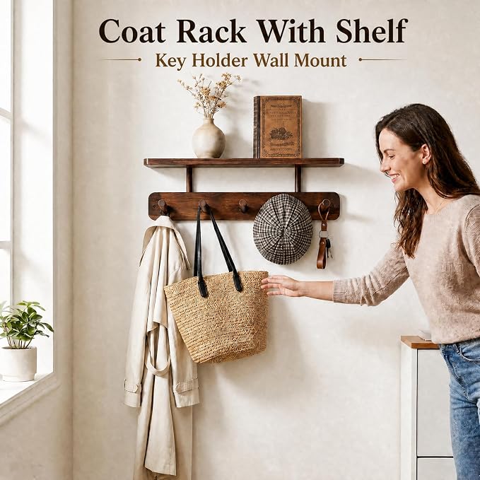 Coat Rack Wall Mount with Shelf, Adhesive or Drilling Mount, 2 Pack Wall Shelf with 10 Wooden Hooks, Hanging Storage for Clothes, Hats, Towels, Keys, Bags, for Entryway, Bathroom