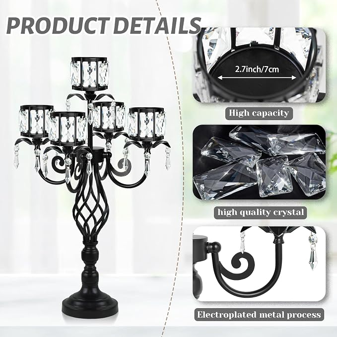 23.2 inch Tall Elegant and Chic Black 5 Arm Pendant Crystal Candlestick Holder Table Decoration tealight Candle Holder, Candelabra for Gorgeous Wedding/Parties Table Centerpiece (2, Black)