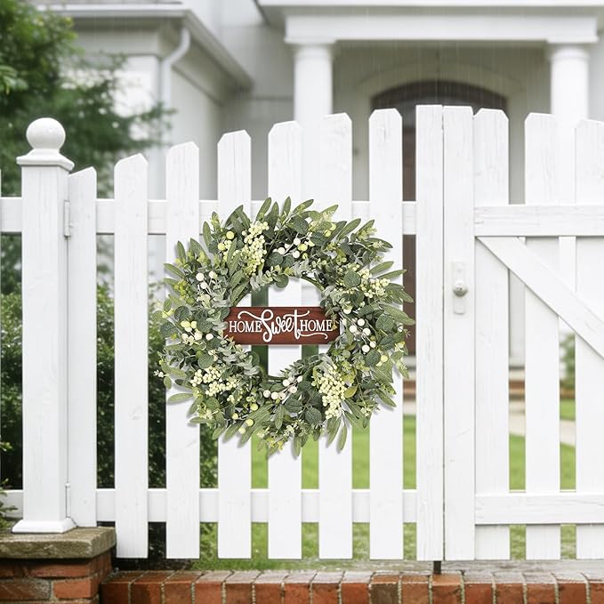 Artificial Eucalyptus Wreaths for Front Door, Spring Summer Wreath with Welcome Home Sign, Olives Leaves, Mixed Berries for Indoor Outdoor Farmhouse Porch Wall Window Festival Décor 20 Inch