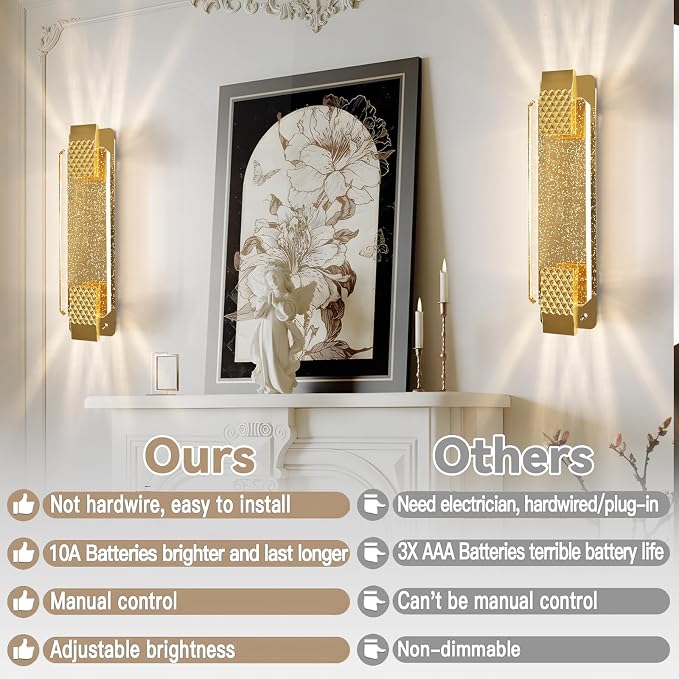 camuucci Battery Operated Wall Sconce, Rechargeable Gold Light 1 Pack | Wireless Wall Lamp with 12000mAh Battery，Not Hardwired Wall Fixture for Bedroom Living Room - 14.5 Inches