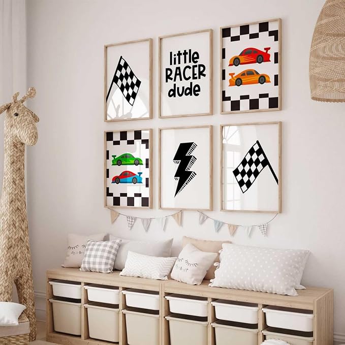 Tanmart Race Car Wall Art Pictures Boys Room Wall Decor Nursery Toddler Canvas Wall Art Kids Playroom Art Prints Boys Race Car Poster Nursery Artwork Set of 6 for Bedroom 12x16 Inch Unframed