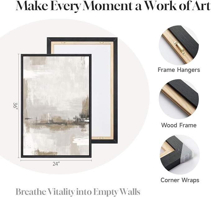 Large Framed Neutral Abstract Wall Art for Living Room, 3 Piece Gray Beige Canvas Artwork for Walls, Modern Minimalist Abstract Prints Paintings Pictures for Hallway Home Office Wall Decor, 24x36 In
