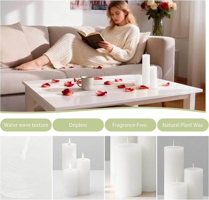 72 Pack White Pillar Candles Bulk Set, 2x3 2x4 2x6 Inch - 24 Each Size, Dripless Smokeless Clean Burning for Wedding Centerpieces, Home Decor, Church, Romantic Ambiance！