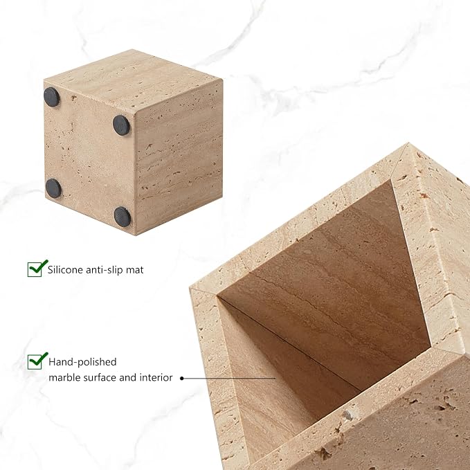 Real Luxurious Natural Marble Toothbrush Holder & Makeup Brush Organizer & Pen Holder for Desk,3.93inch Square Marble Utensil Holder Non-Ceramic/Non-Resin （Travertine）