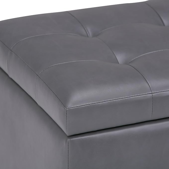 SIMPLIHOME Cosmopolitan Storage Ottoman - 34 inch Wide Upholstered Vegan Leather Rectangle Storage Ottoman Bench in Stone Grey, Transitional Tufted Ottoman for Living Room or Entryway with Lift-Up Lid