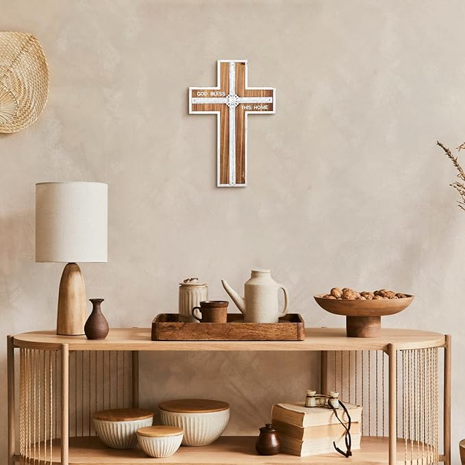 Wall Cross Retro Catholic Wooden Hanging Crosses Baptism with Metal Spiritual Religious Cross with Hook Silver Edge Blessed Letter Design Christmas Crucifix Gift for Church Home Wall Decor