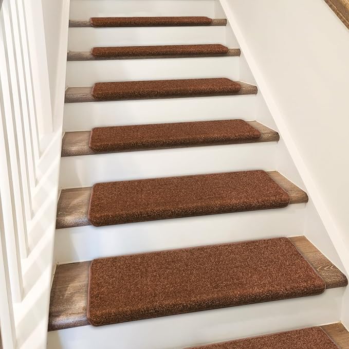 PURE ERA Bullnose Carpet Stair Treads Set Tape Free Non-Slip Indoor Stair Protectors Pet Friendly Rugs Covers Soft Skid Resistant Washable Reusable 9.5" x 30"(14 Pieces,Brown)