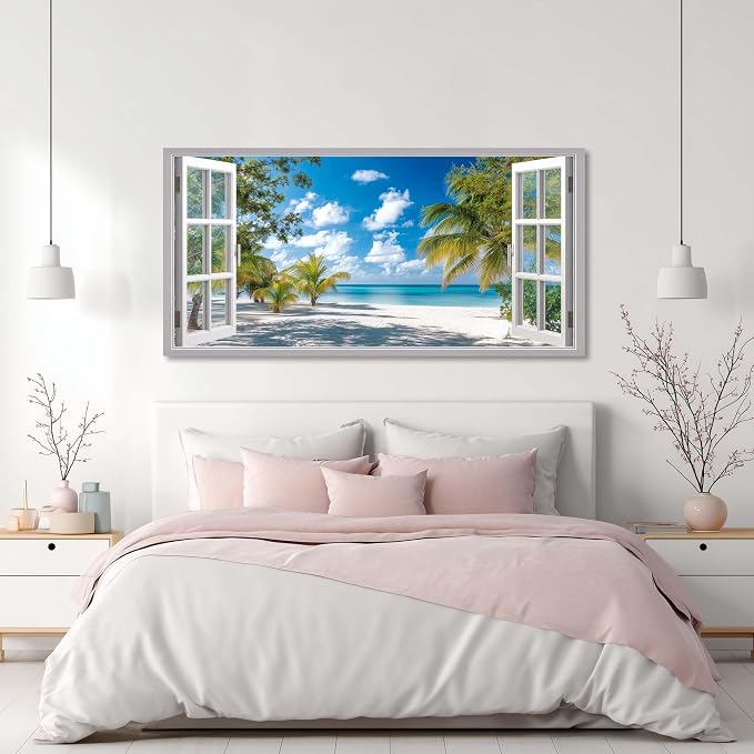 Ggaafet Tropical Beach Window Wall Art for Living Room Canvas Painting Prints Beautiful Palm Tree Art Deco Modern Artwork Office Bedroom Family Room Decor Large