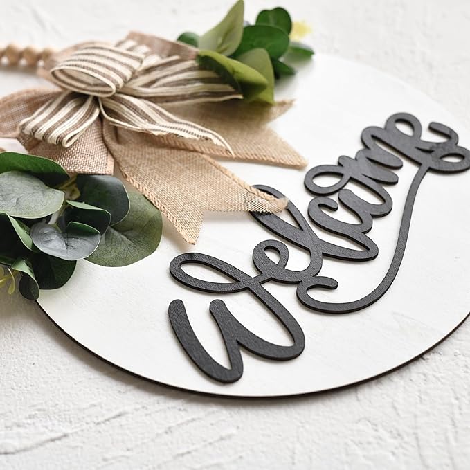 Welcome Sign for Front Door Wreath Decorations for All Seasons Front Porch Decor Hanging Gift for Farmhuose Home Outdoor Indoor (White-Welcome)