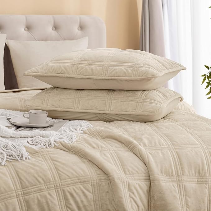 PHF Ultra Soft Velvet Quilt Set King Size – 3PCS Luxurious Cozy Quilted Comforter Alternative with Diamond Pattern, Warm Quilted Bedspread Coverlet, 108" x 92", Oxford Tan