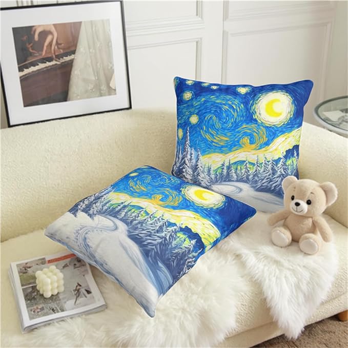 Winter Pine Forest Pillow Covers Van Gogh Starry Night Throw Pillow Covers Christmas Tree Pillowcase 20x20 Set of 2 Double Sided Printing Cushion Case for Living Room Couch Sofa