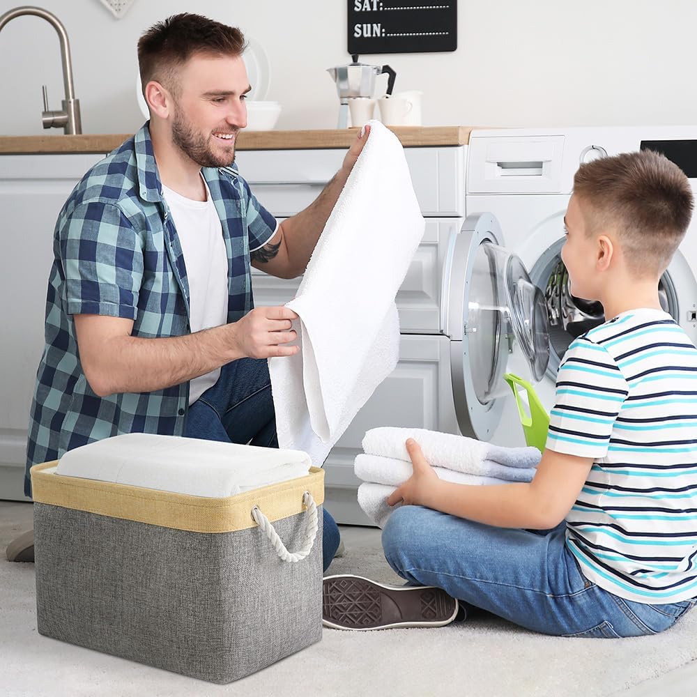 TheWarmHome Storage Basket for Organizing - Fabric Large Cubes 3 Pack 16x12x12 inch Baskets, Cube Storage Bin for Shelves Organizer Closet Cloth Gift Toy (Gold & Grey)