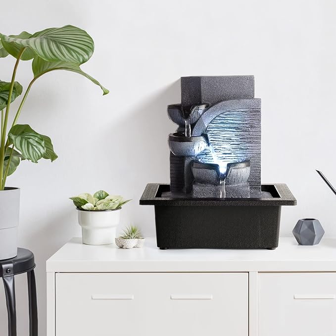 WICHEMI Tabletop Fountain Warer Fountains Indoor Waterfall Fountain Indoor Relaxing Water Feature Meditation Fountains with LED Light for Home Office Bedroom Decor (Style 6)