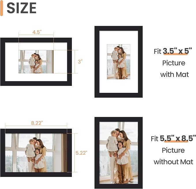 upsimples 5.5x8.5 Picture Frame, Display Pictures 3.5x5 with Mat or 5.5x8.5 Without, Wall Hanging Photo Frame, Black, 1 Pack