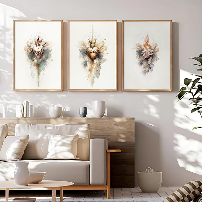 Jesus Canvas Wall Art Sacred heart of Jesus Pictures Christian Wall Decor Catholic Poster Religious Wall Art Heart of Mary and Joseph Painting Divine Mercy Prints for Bedroom 16x24x3 Inch Unframed