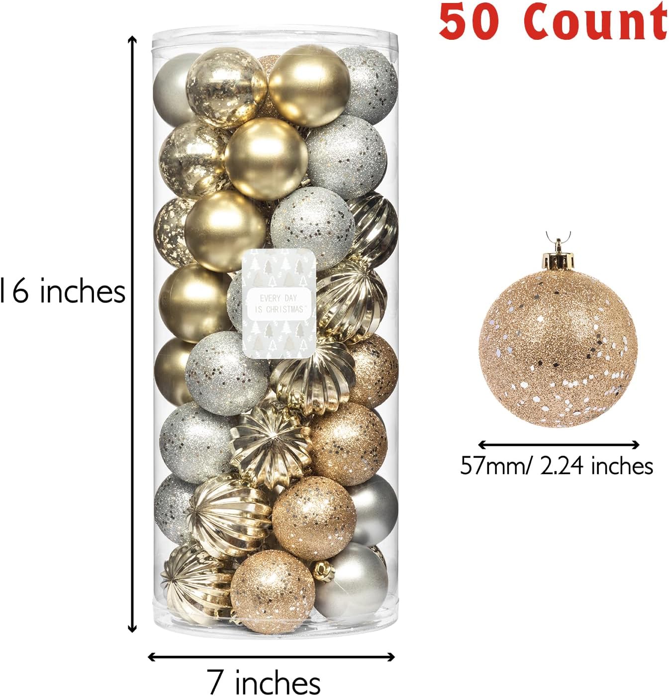 Every Day is Christmas Ornaments, Shatterproof Christmas Tree Ornament Set, Christmas Balls Decoration 50 Count (2.24"/57mm, Gold Silver)