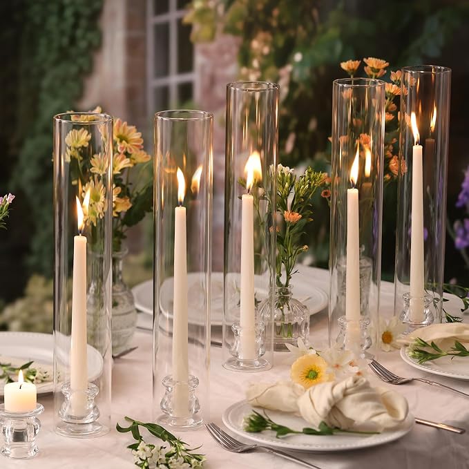 Volens Hurricane Glass Candle Holders Bulk- Set of 36 Candlestick Holders for Taper Candles with Windproof Cylinder Covers 14" Tall Clear Glass Chimney Cover for Wedding Table Centerpiece