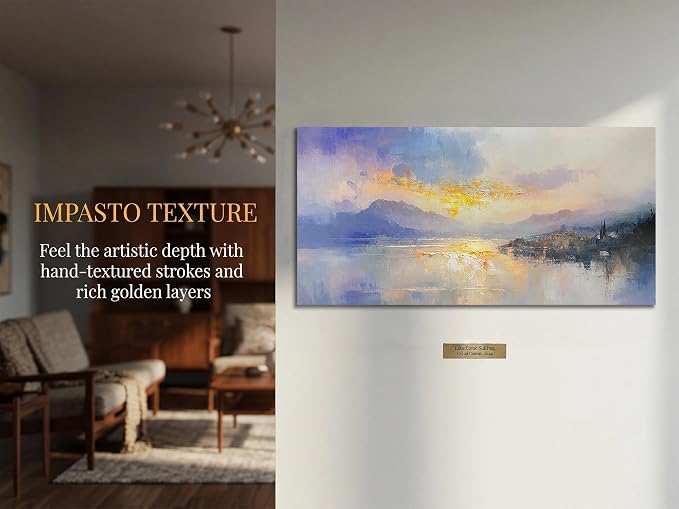 Ardemy Sunrise Lake Canvas Wall Art 40"x20"- Misty Morning Mountain Landscape with Lakeside Cabin, Hand-Textured Soft Glow Picture for Living Room Bedroom Home Office Decor