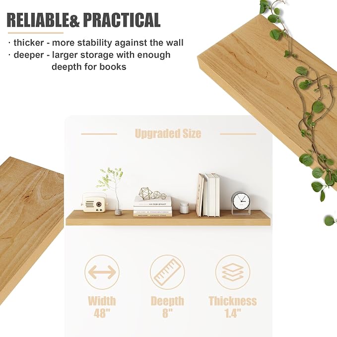 FLYJOE Floating Shelves for Wall, USA-Sourced Brich Wood 48 Inch Long Wall Shelves, Natural Wooden Mounted Picture Ledge Shelf, Nursery Book Storage Shelf Kids Bookshelf, Display Shelf for Bathroom