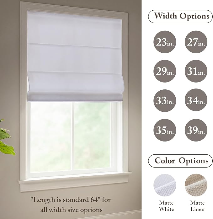 Madison Park Galen Matte White Cordless Roman Shades - Fabric Privacy Single Panel Darkening, Energy Efficient, Thermal Insulated Window Blind Treatment, for Home, Living Room Decor, 23" W x 64" H