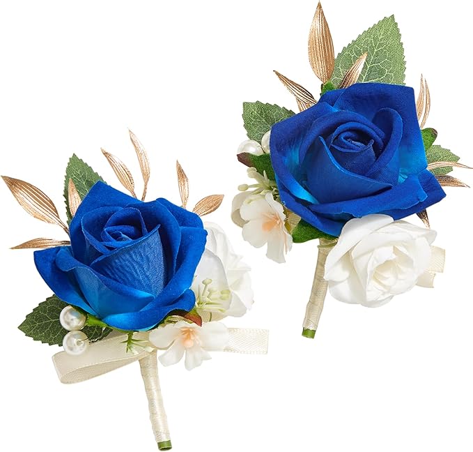 Alecono Boutonniere for Men, Set of 2 Navy Blue Corsages for Men Groom Bridegroom, Artificial Flowers for Prom Graduation Ceremony Anniversary