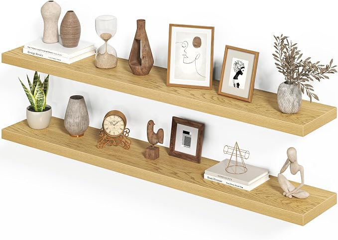 Heimlove 55 Inch Long Floating Shelves for Wall, 9.3" Deep Oak Floating Shelves Set of 2, Large Display Shelf & Storage Shelf, Wall Mounted Shelves for Bedroom Living Room Kitchen Office