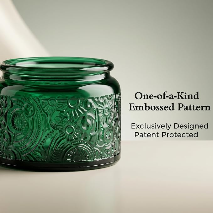 4 oz Green Sun Moon Stars Candle Jars with Bamboo Lids, 18 Pack | Patented Embossed Design, Includes Wick Centering Devices & Warning Labels, Multiple Color Options