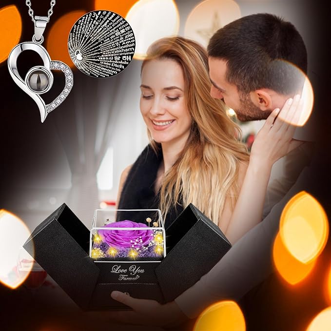 ENERLEAF Preserved Purple Real Rose-Eternal Flowers Rose Gifts for Mom Grandma Wife Girlfriend on Mothers Day Birthday Valentines Christmas Anniversary Romantic Gifts for Her with I Love You Necklace