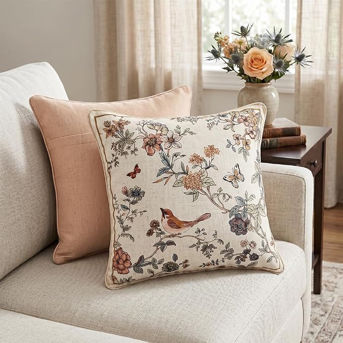 ISAENNE Designer Vintage Linen Throw Pillow Cover,18"x18"-Cornucopia A | Elegant French Square Pillow Cover,Concealed Zipper,Floral and Bird Pattern,Sofas,Bedroom,Living Room,Lounge Chairs