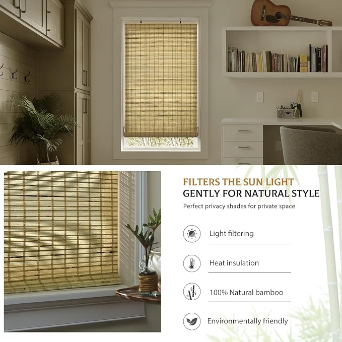 LazBlinds Cordless Bamboo Blinds, Custom Size, Petite Rustique | Bamboo Roll Up Shades for Windows, Light Filtering Hanging Window Blinds, Bamboo Shades for Patio Indoor/Outdoor Porch