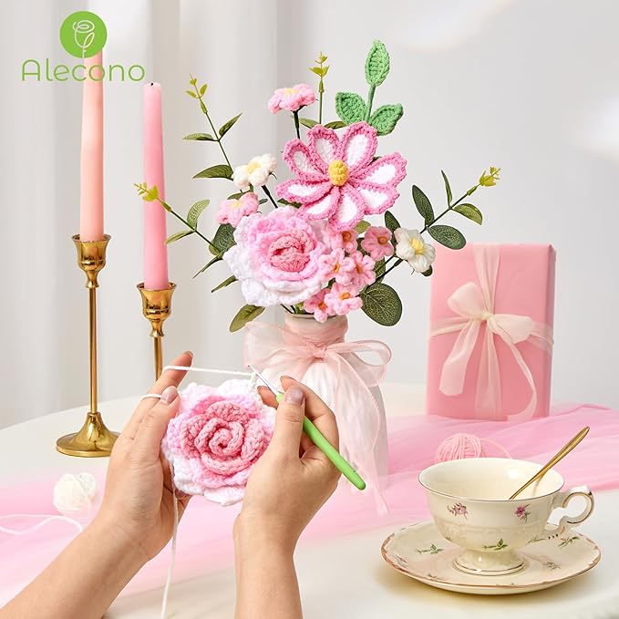 Alecono Crochet Flower Bouquet, Knitted Flowers, Pink Handmade Bouquet of Flowers for Mother's Day Anniversary Birthday Party Graduation Valentine's Day Gifts (Include Card)