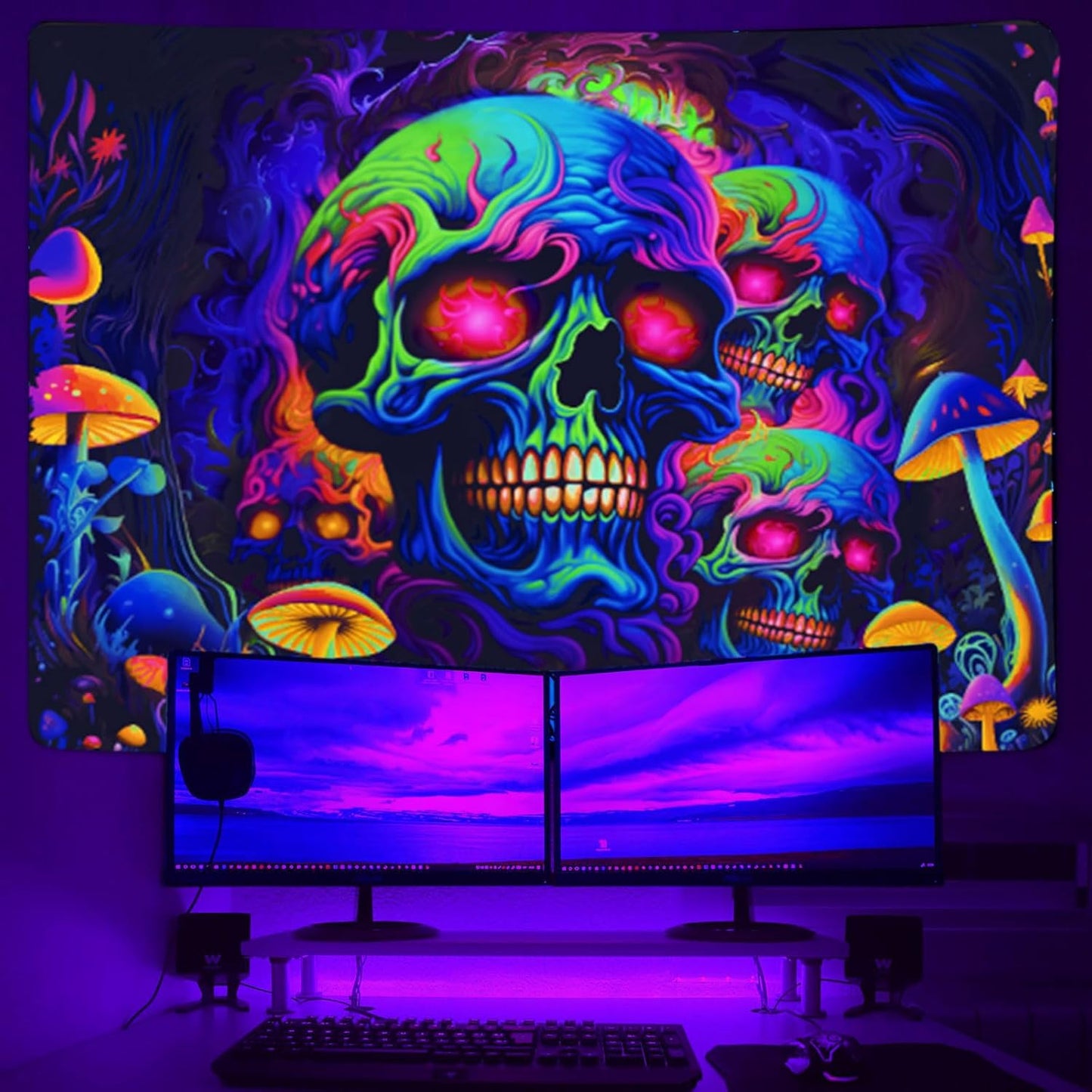 Xiaoput Skull Blacklight Wall Art, UV Reactive Skeleton Tapestry for Bedroom, Living Room, Dorm Decor 70x60IN