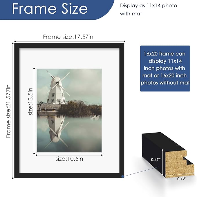 PEALSN 16x20 Picture Frame Set of 6, Display Pictures 11 x 14 with Mat or 16 x 20 without Mat for Wall Mounting Display, Poster Frames Collage for Wall Decor, Black.