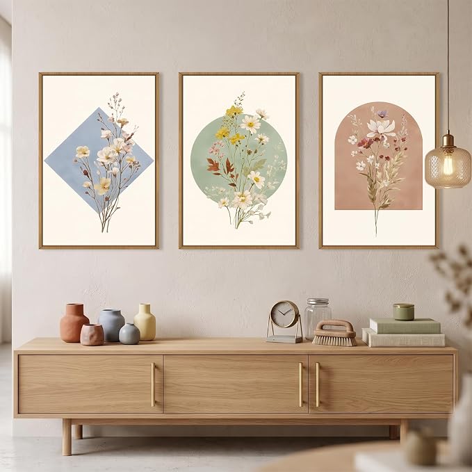 Large Vintage Wildflower Botanical Framed Canvas Wall Art Set,Watercolor Calming Floral Wall Painting,Minimalist Boho Flower Artwork for Living Room,Dining Room,Office Decor-16 x24 x3