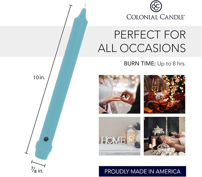 Colonial Candle Unscented Taper Candle, Classic Collection, Coastal Blue, 10 in, Pack of 12 - Up to 8 Hours Burn