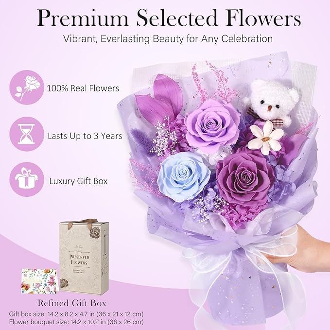 Preserved Flowers Bouquet with Bear, 3 Real Forever Flowers for Delivery, Long-Lasting Purple Eteranl Roses Bouquet, Mothers Day Gifts for Mom Grandma, Anniversary Birthday Gifts for Women Girlfriend