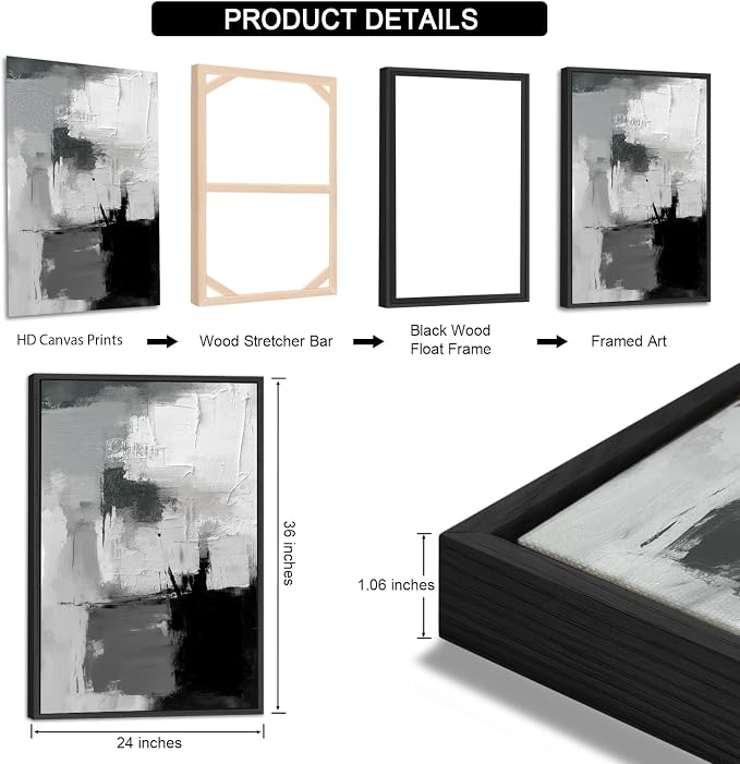 Large Framed Canvas Wall Art - Retro Grey Graffiti Pictures for Living Room Rustic Abstract Wall Decor Vintage Prints for Bedroom Dinning Room Black Float Framed 24" X 36" X 3 pcs