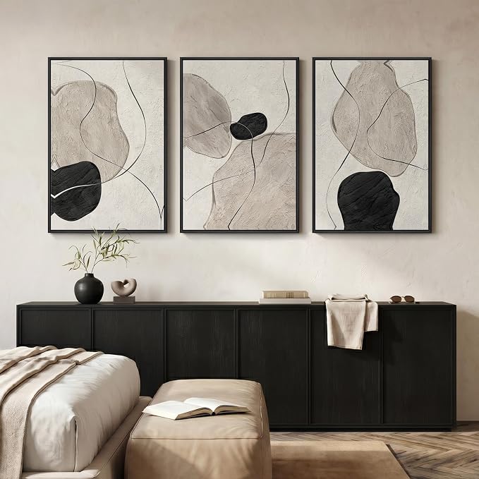 Framed Black and White Abstract Wall Art for Living Room, Large 3 Piece Neutral Minimalist Canvas Artworks, Modern Painting Prints for Dining Room Hallway Home Office Wall Decor, 24x36 In