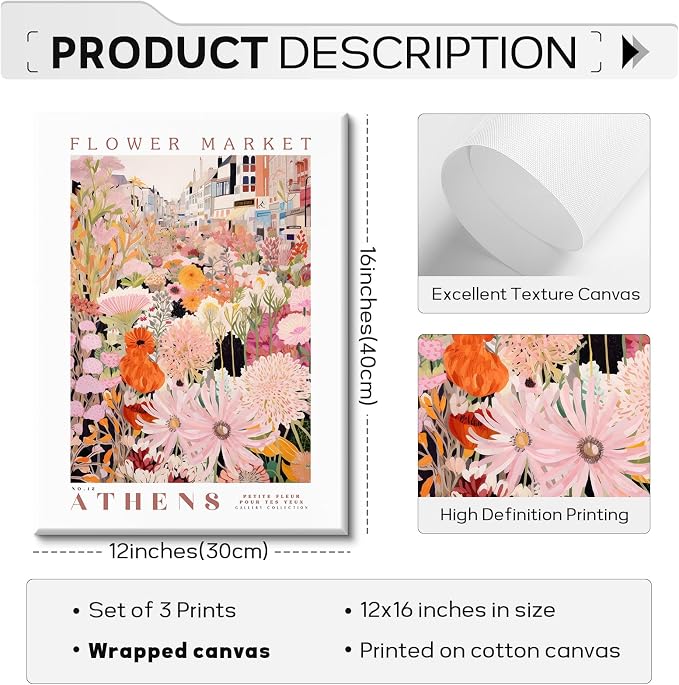 SYYANKK Flower Market Wall Art Floral Canvas Pictures Colorful Botanical Wall Decor Wildflower Prints Painting Pink and Purple Flower Poster Artwork for Bedroom Living Room 12x16x3 Inch Ready to Hang