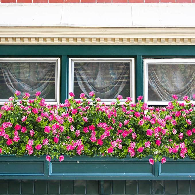 Grunyia 10 Bundles Artificial Fake Flowers, Faux Outdoor Plastic Plants UV Resistant Shrubs Outside Indoor Decorations (Pink-Eucalyptus)