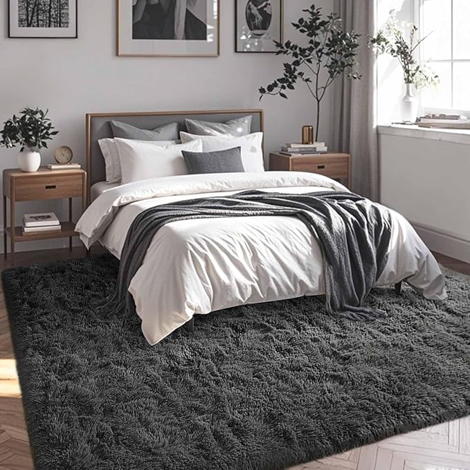 FinRèc Soft Grey Rugs for Bedroom Living Room, 4x6 Feet Fuzzy Shaggy Area Rug, Non-Slip Fluffy Furry Shag Rug for Nursery Kids Room Dorm Room Home Decor, Indoor Plush Floor Carpet