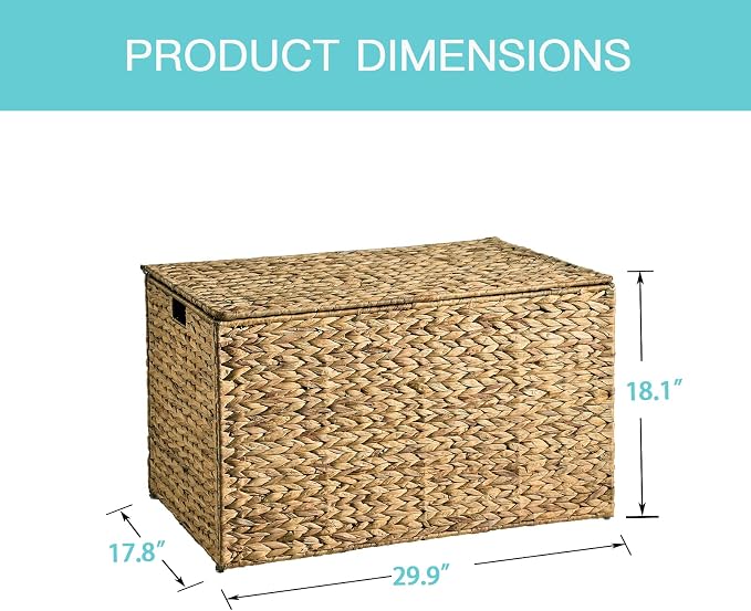 Water Hyacinth Storage Basket with Lid, 42.3 Gallon (160L) Blanket Storage Basket with Handles, Woven Storage Bin, Foldable, Metal Frame, for Bedroom, Laundry Room, Natural