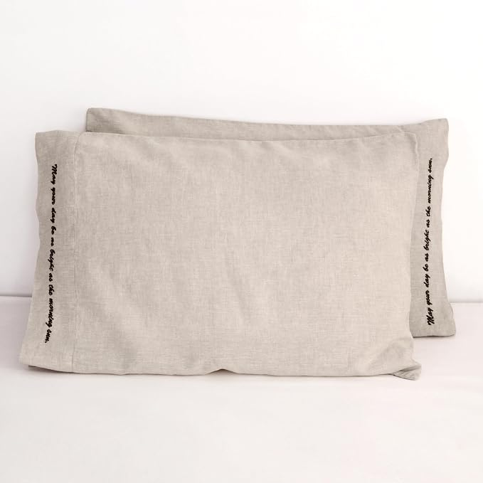 Linen Pillow Cases with Embroidery Design,20"x40" King Size Set of 2,100% French Flax Soft Breathable Handmade Linen Pillowcases,Natural Embroidery