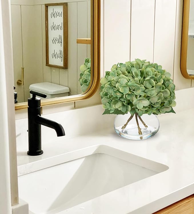 Hollyone Hydrangea Artificial Flowers with Glass Vase Dark Green Silk Faux Flowers Arrangements in Vase with Faux Water Fake Floral Bulk Bouquet for Home Decor Table Centerpiece Decorations