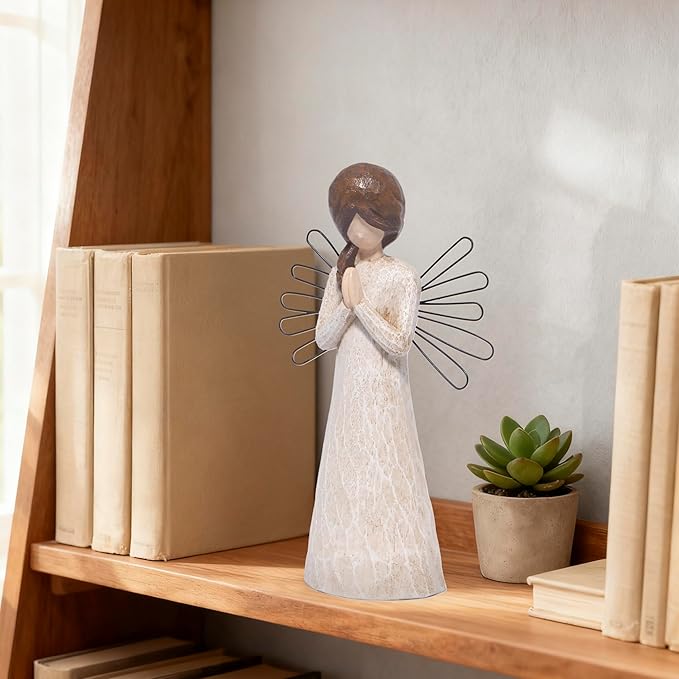 Hodao Praying Angel Figurine, 5.1in Hand-Painted Resin, Rustic Wood-Carved Look with Metal Wire Wings, Small Tabletop Decor for Home Indoor, Spiritual Figurines & Ornaments, Sympathy Gift