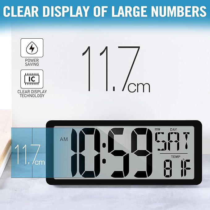 TXL 14.2"" Large Digital Wall Clock Battery Operated, Digital Clock Large display with Day, Date & Temperature, Large wall clock for Bedroom, Livingroom, Office，Battery Included, Black